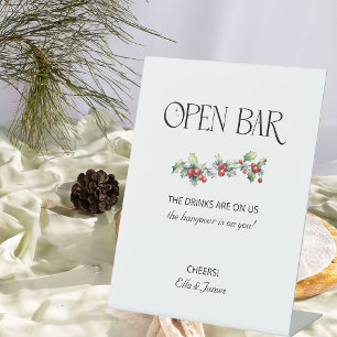 Winter Bruiloft Holly en bessen Open Bar Teken Reclamebord Met Voetstuk