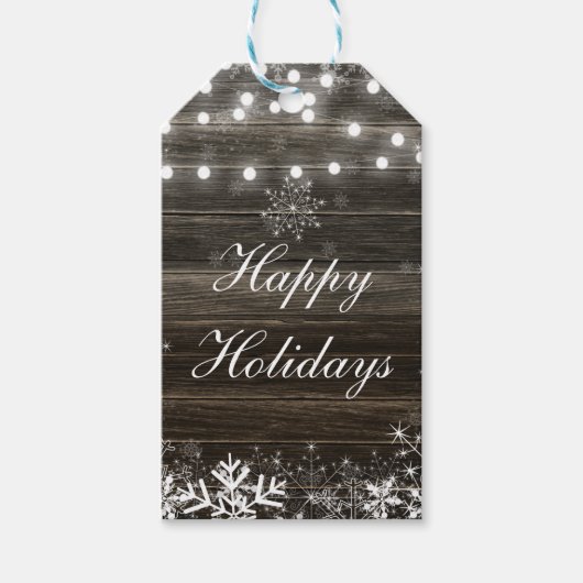 Winter Bruiloft Lichten & Sneeuwvlokken Rustieke g Cadeaulabel (Voorkant)