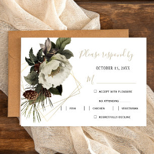 Winter bruiloft maaltijd opties moderne bloemen RSVP kaartje