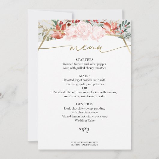 Winter Bruiloft Menu Kaart vergulde Waterverf Bloe (Voorkant)