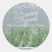 Winter bruiloft pijnbomen meer groene grijze kunst ronde sticker (Voorkant)