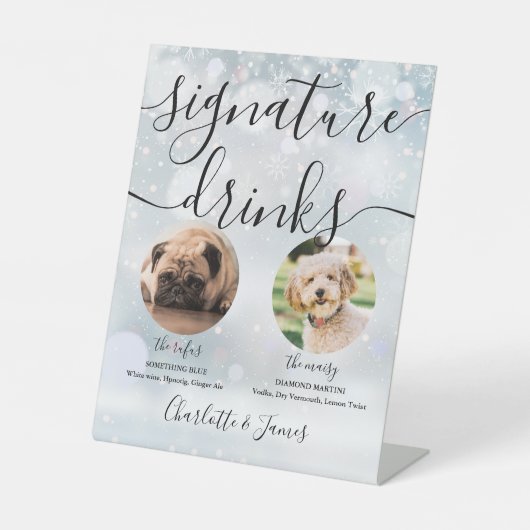 Winter Bruiloft Script Huwelijkshond Handtekening  Reclamebord Met Voetstuk (Voorkant)