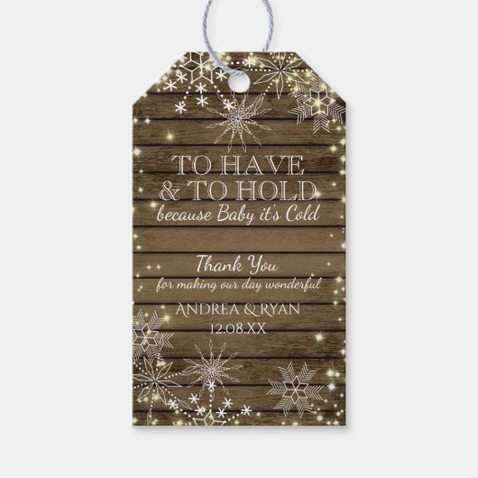 Winter Bruiloft Sneeuwvlokken en Schuur Hout Cadeaulabel (Voorkant)