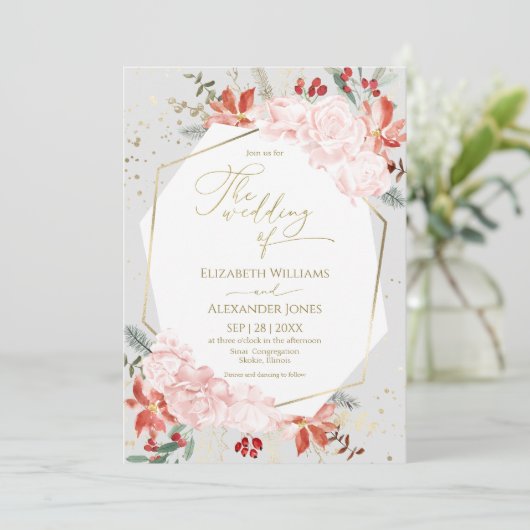 Winter bruiloft uitnodiging vergulde Waterverf Blo (Staand voorkant)