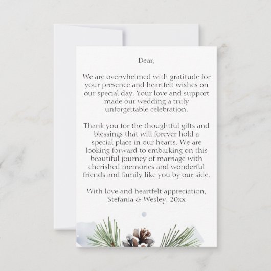 Winter bruiloft waterverf besneeuwde dennen bedankkaart (Achterkant)