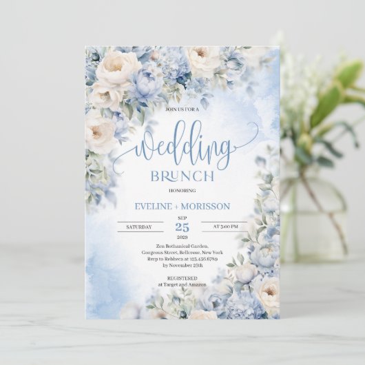 Winter bruiloftsbrunch met stoffige blauwe en ivoo kaart (Staand voorkant)
