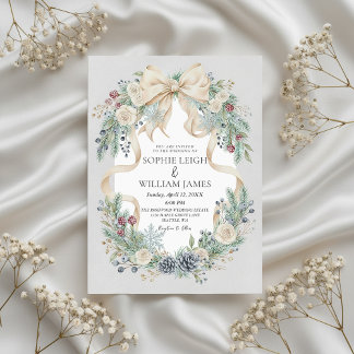 Winter bruiloftsinvitaties met crème strik en flor kaart