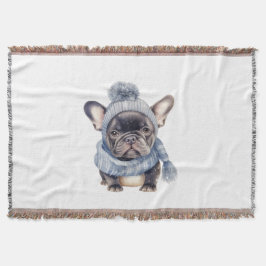 Winter Bulldog Baby in Blauwe Muts en Sjaal Deken
