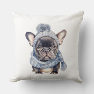 Winter Bulldog Baby in Blauwe Muts en Sjaal Kussen