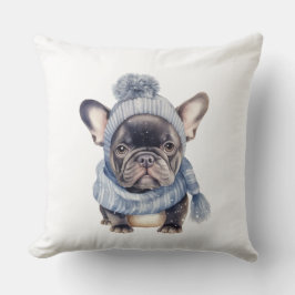 Winter Bulldog Baby in Blue Cap and Scarf  Kussen