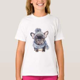Winter Bulldog Baby in Blue Cap and Scarf  T-shirt