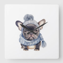 Winter Bulldog Baby in Blue Cap and Scarf  Vierkante Klok