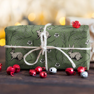Winter Bunnies Forest Green Holiday Cadeaupapier