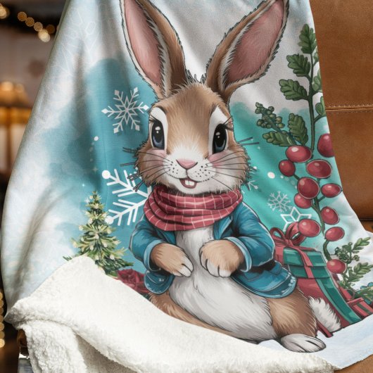 Winter Bunny Waterverf Kerst Sherpa Deken