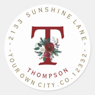 Winter Burgundy Bloem Motief Monogram Adreslabel Ronde Sticker