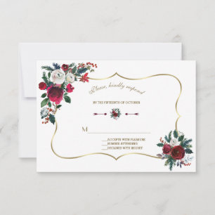 Winter Burgundy Bloemstuk Dennen Groen Gouden Trou RSVP Kaartje
