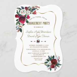 Winter Burgundy Floral Pine Gold Engagement Party Kaart