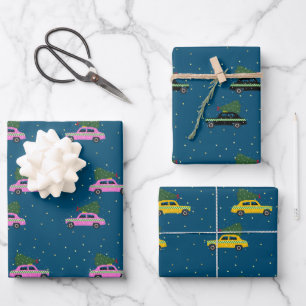 Winter Cab Taxi Fir Tree Pattern Blue Kerstmis Inpakpapier Vel
