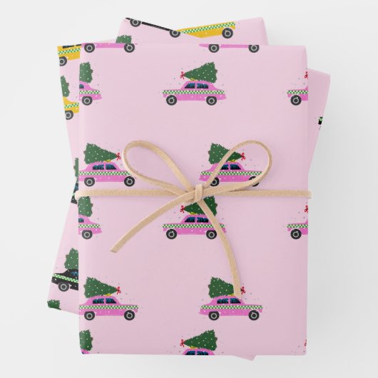 Winter Cab Taxi Fir Tree Pattern Roze Kerstmis Inpakpapier Vel (In situ)