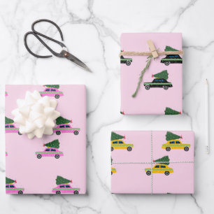 Winter Cab Taxi Fir Tree Pattern Roze Kerstmis Inpakpapier Vel