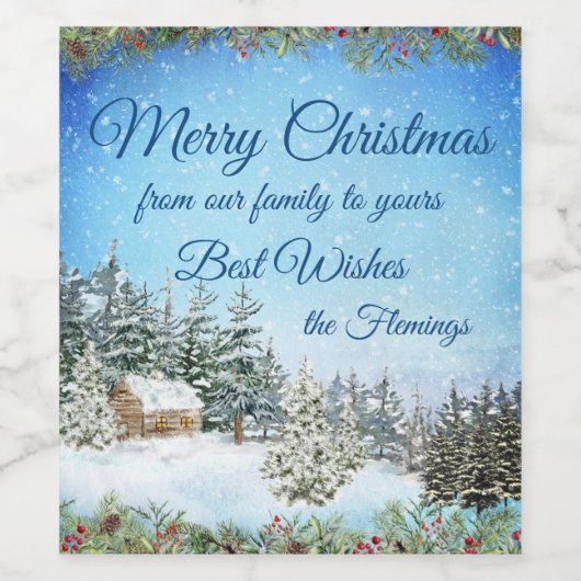 Winter Cabin in Bossen Persoonlijk kerstfeest Wijn Etiket (Enkel label)