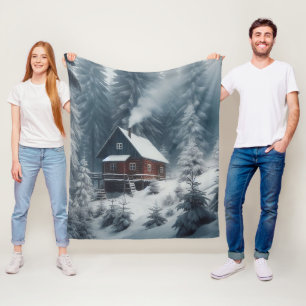 Winter Cabin Scene met Sneeuw & Pine Trees Fleece Deken