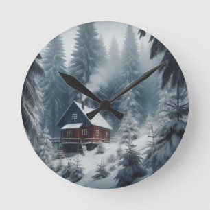 Winter Cabin Scene met Sneeuw & Pine Trees Ronde Klok