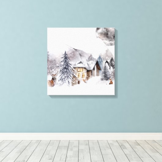 Winter Cabine Scene Canvas Print (Insitu (Houten vloer))