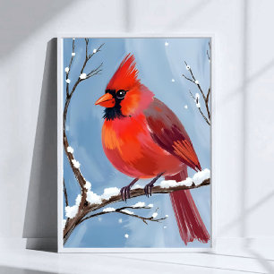 Winter Cardinal Rode Vogel Aquarel Schilderij Poster