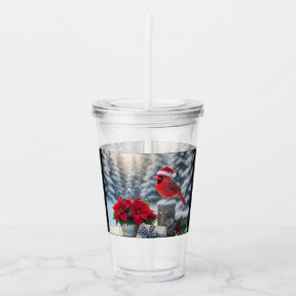 Winter Cardinal with Poinsettia Acrylic Tumbler Acryl Drinkbeker