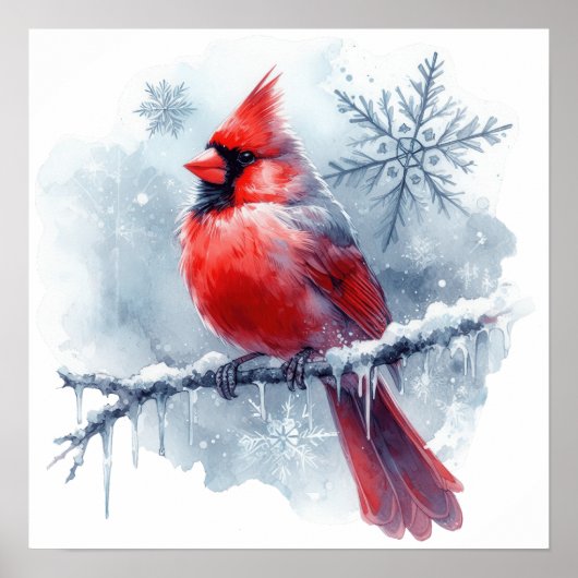 Winter Cardinal with Snowflakes on Icy Branch Poster (Voorkant)