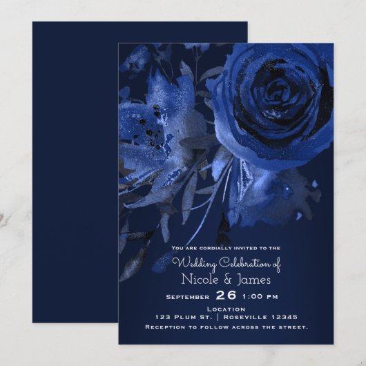 Winter Chic Floral Blue Roos Bold Wedding Kaart (Voorkant / Achterkant)
