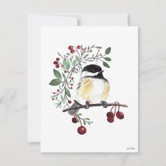 Winter Chickadee Bird Berries Holiday Card Feestdagenkaart (Voorkant)