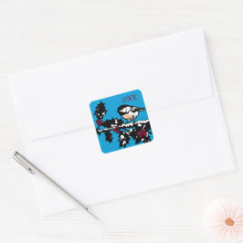 Winter Chickadee op Holly Woodcut Winter Feestdage Vierkante Sticker
