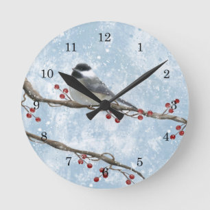 Winter Chickadee Wall Clock Ronde Klok