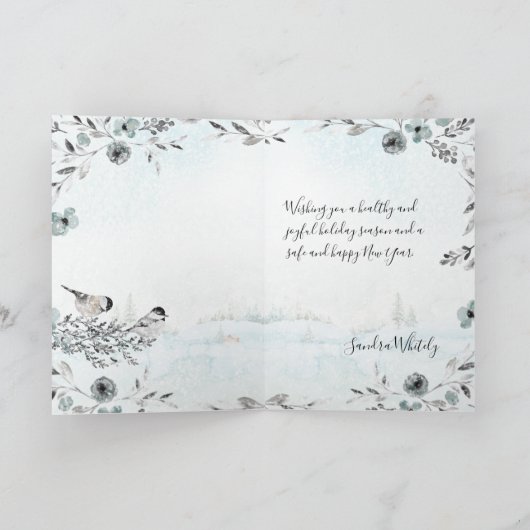 Winter Chickadees Dusty Blue Wreate Kerstmis Feestdagen Kaart (Binnen)