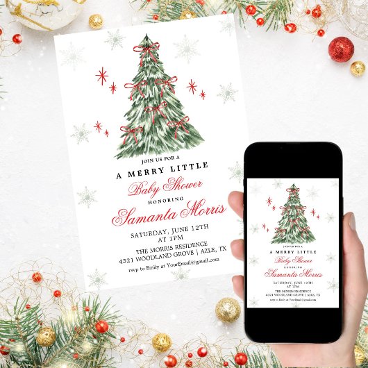 Winter Christmas Baby Shower Invitation | Red Bow 