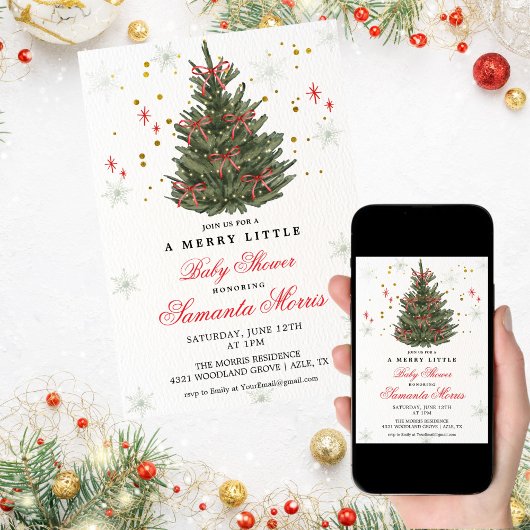 Winter Christmas Baby Shower Invitation | Red Bow 