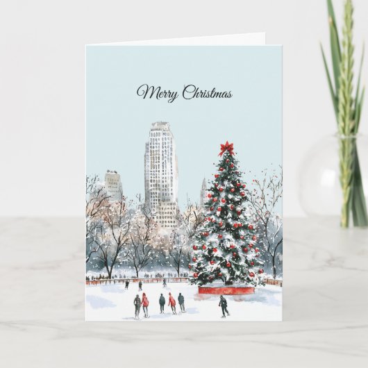 Winter Christmas Tree City Ice Skaters Buildings Kaart (Voorkant)