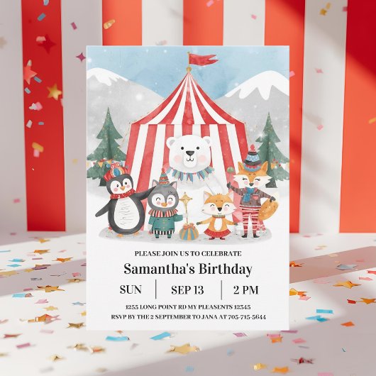 Winter Circus Birthday Invitation | Cute Penguin Kaart