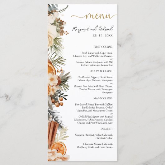 Winter Citrus Bloemen Kerst Huwelijk Flat Menu (Voorkant)