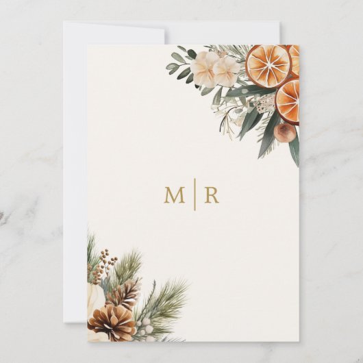 Winter Citrus & Cinnamon Kerstbruiloft Kaart (Achterkant)