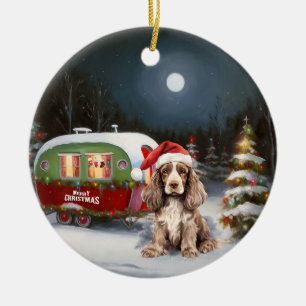 Winter Cocker Spaniel Caravaan Kerstmis Avontuur Keramisch Ornament