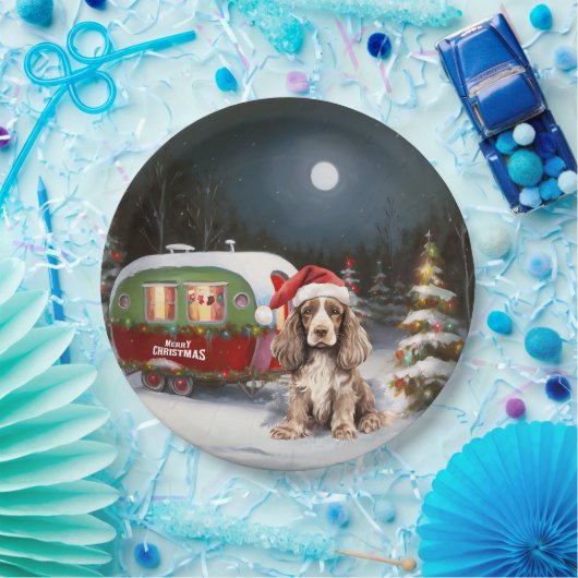 Winter Cocker Spaniel Caravan Kerstavontuur Papieren Bordje (Feest)