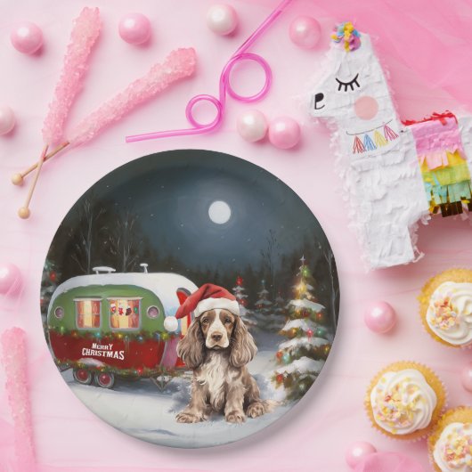 Winter Cocker Spaniel Caravan Kerstavontuur Papieren Bordje (Feest)