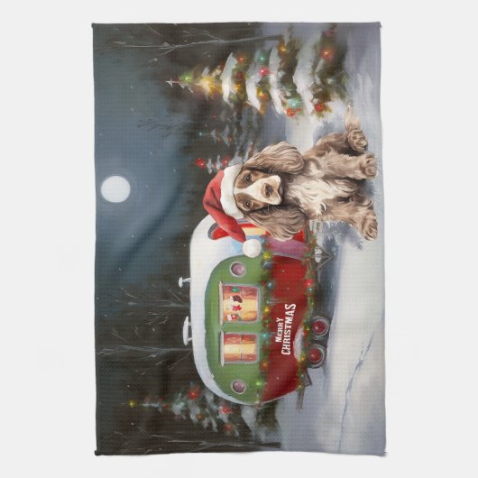 Winter Cocker Spaniel Caravan Kerstavontuur Theedoek (Verticaal)