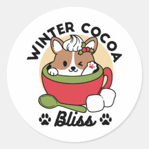 Winter Cocoa Bliss - Schattigee hond in Mok Design Ronde Sticker