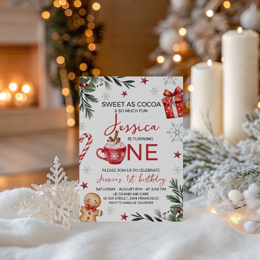 Winter Cocoa First Birthday Invite Kaart