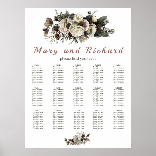 Winter Conifer Floral Peony Wedding Sezing Chart Poster (Voorkant)