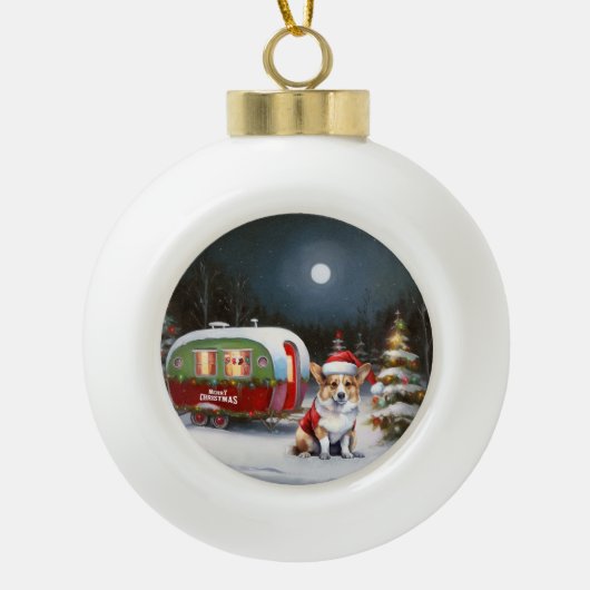 Winter Corgi Caravan Kerstavontuur Keramische Bal Ornament (Voorkant)